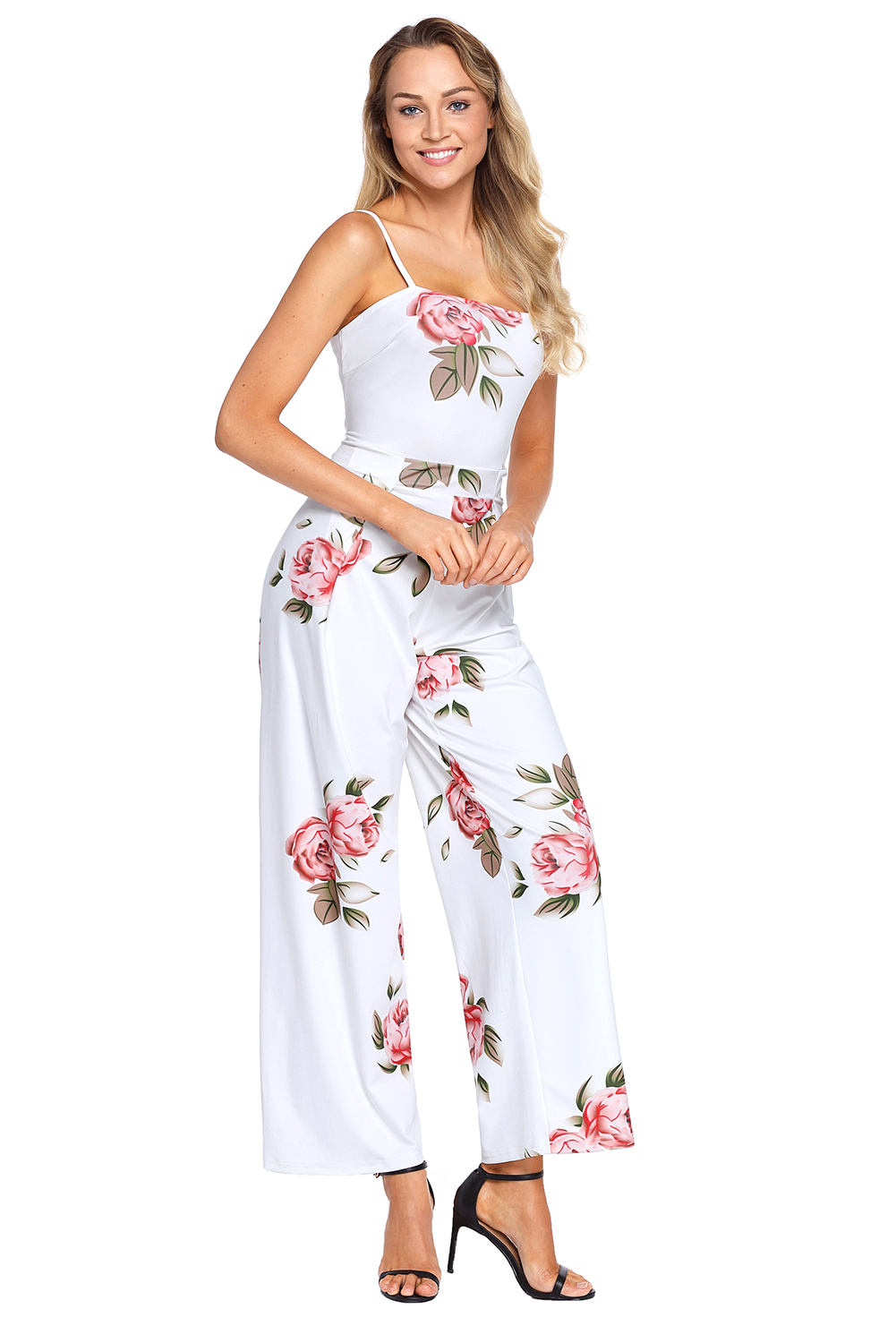 BY64382-1 Navy Blue Floral Print Wide Leg Jumpsuit